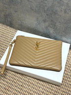 YSL small quilted bag, tan chevron front with gold YSL logo and side wrist strap