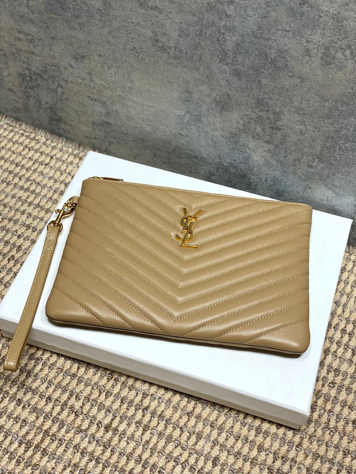 YSL small quilted bag, tan chevron front with gold YSL logo and side wrist strap