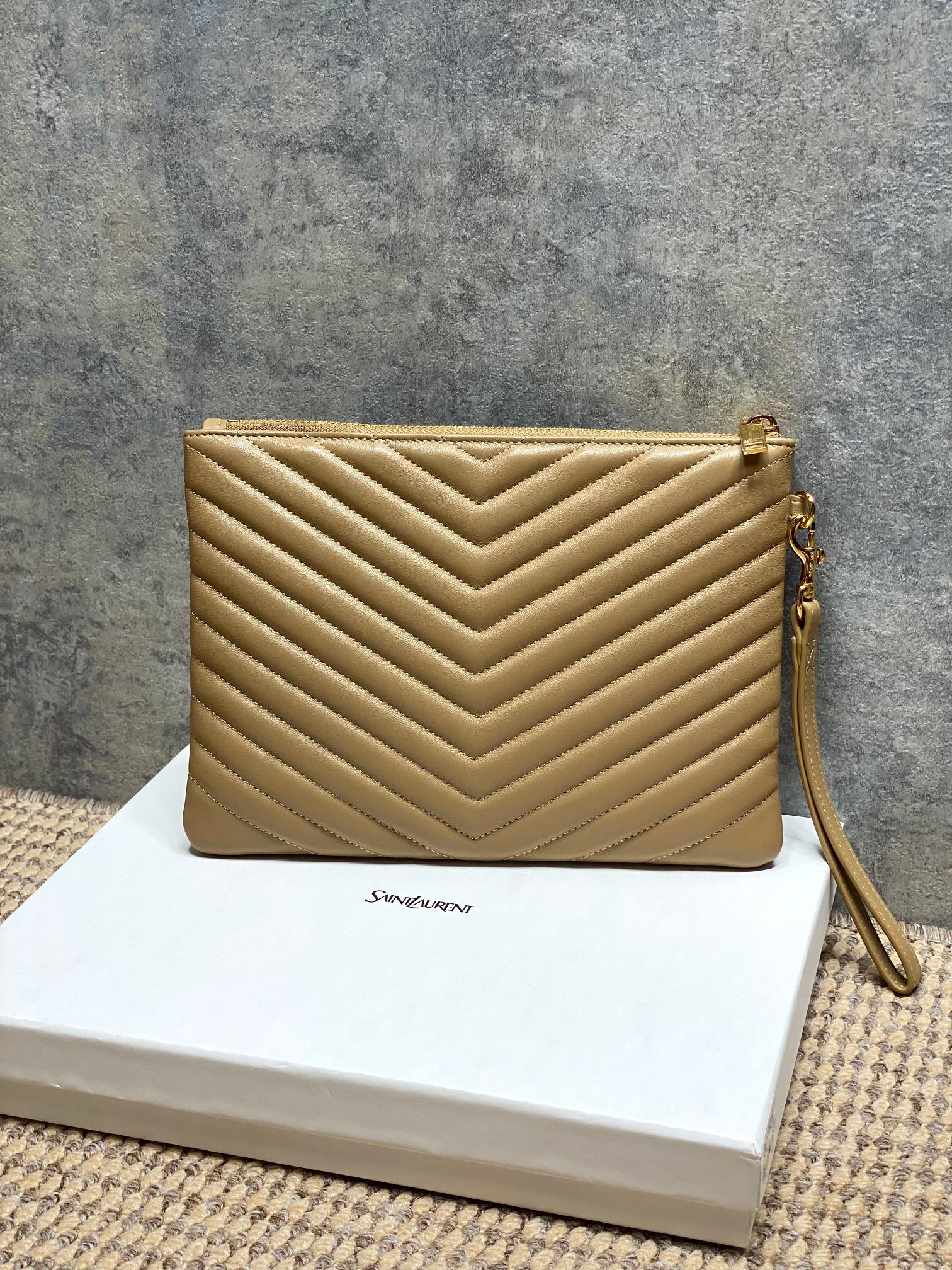 YSL small quilted bag in tan with chevron texture and gold chain wrist strap