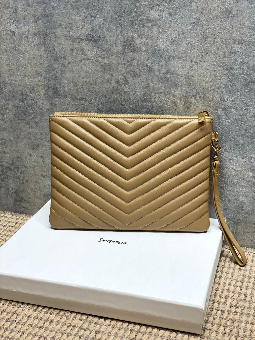 YSL quilted leather shoulder bag in light tan with gold chain strap and top zipper