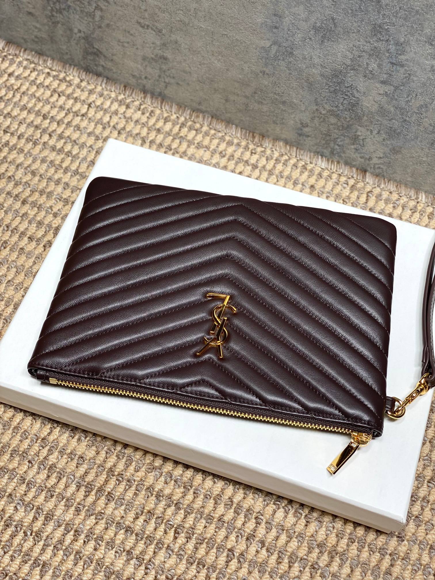 Quilted leather zip pouch, dark brown with gold-tone chain and YSL monogram