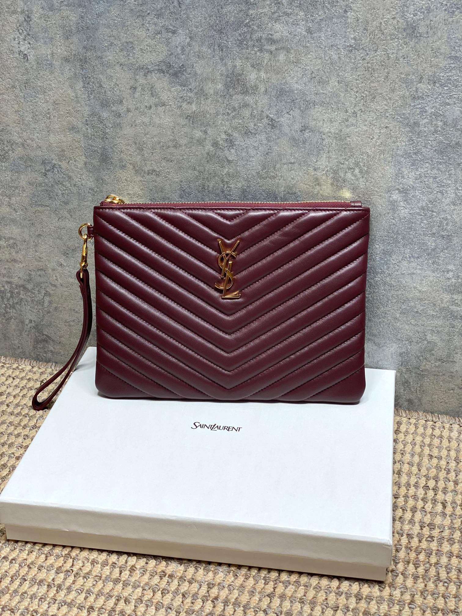 Burgundy quilted small shoulder bag with YSL logo, chevron stitching
