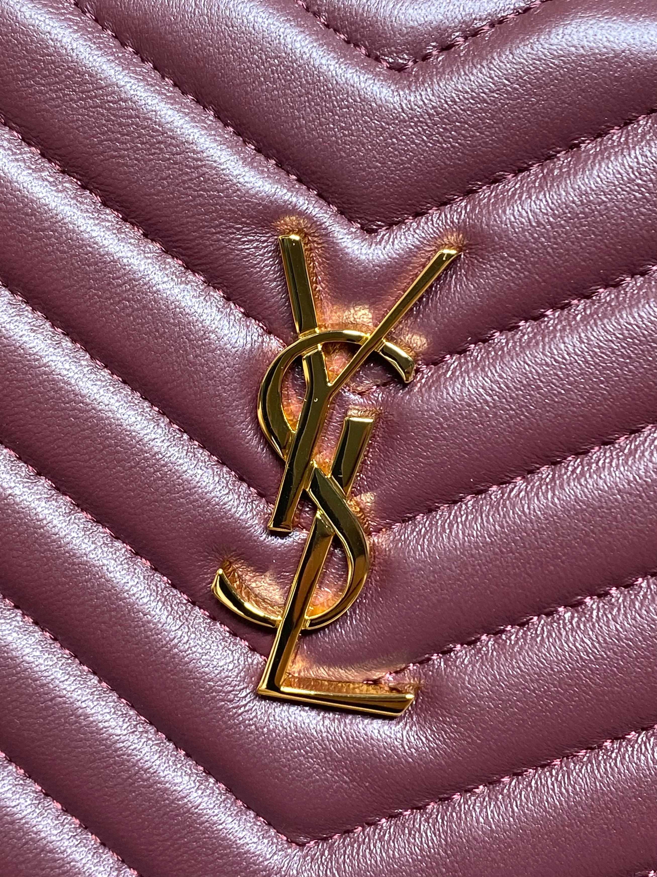 Gold YSL monogram on burgundy quilted chevron leather