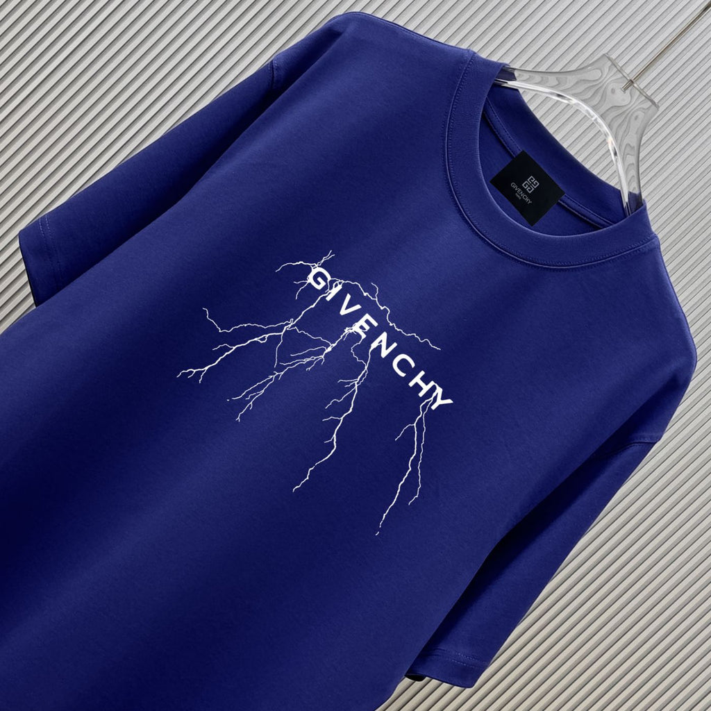 Blue Givenchy graphic T-shirt, crew neck close-up on hanger