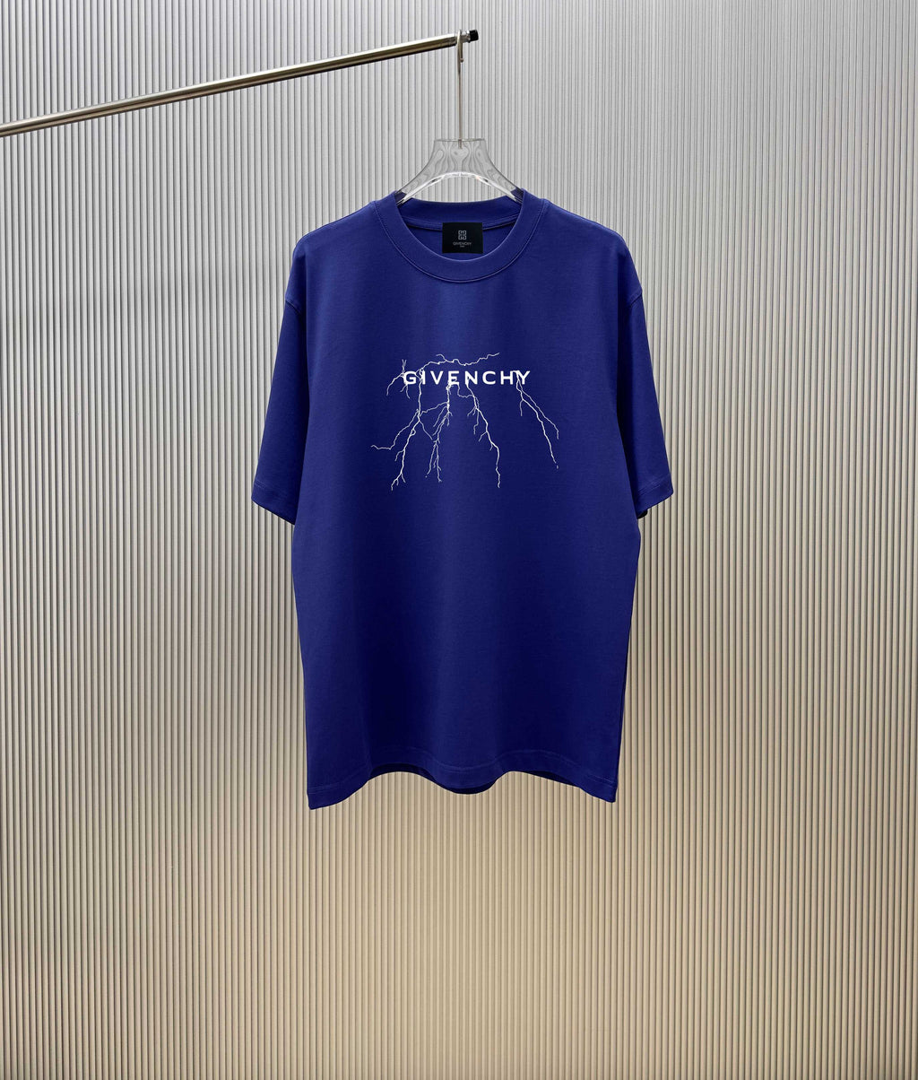 Blue Givenchy graphic T-shirt on hanger with crew neck