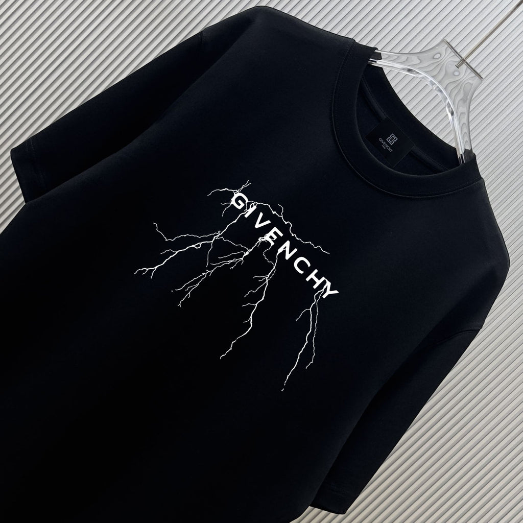 Black short-sleeve T-shirt close-up with GIVENCHY graphic logo print
