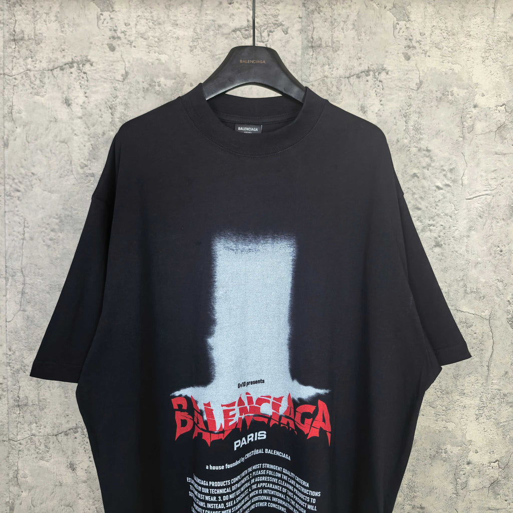 Balenciaga short-sleeve T-shirt, dark; front graphic with white block and red Balenciaga