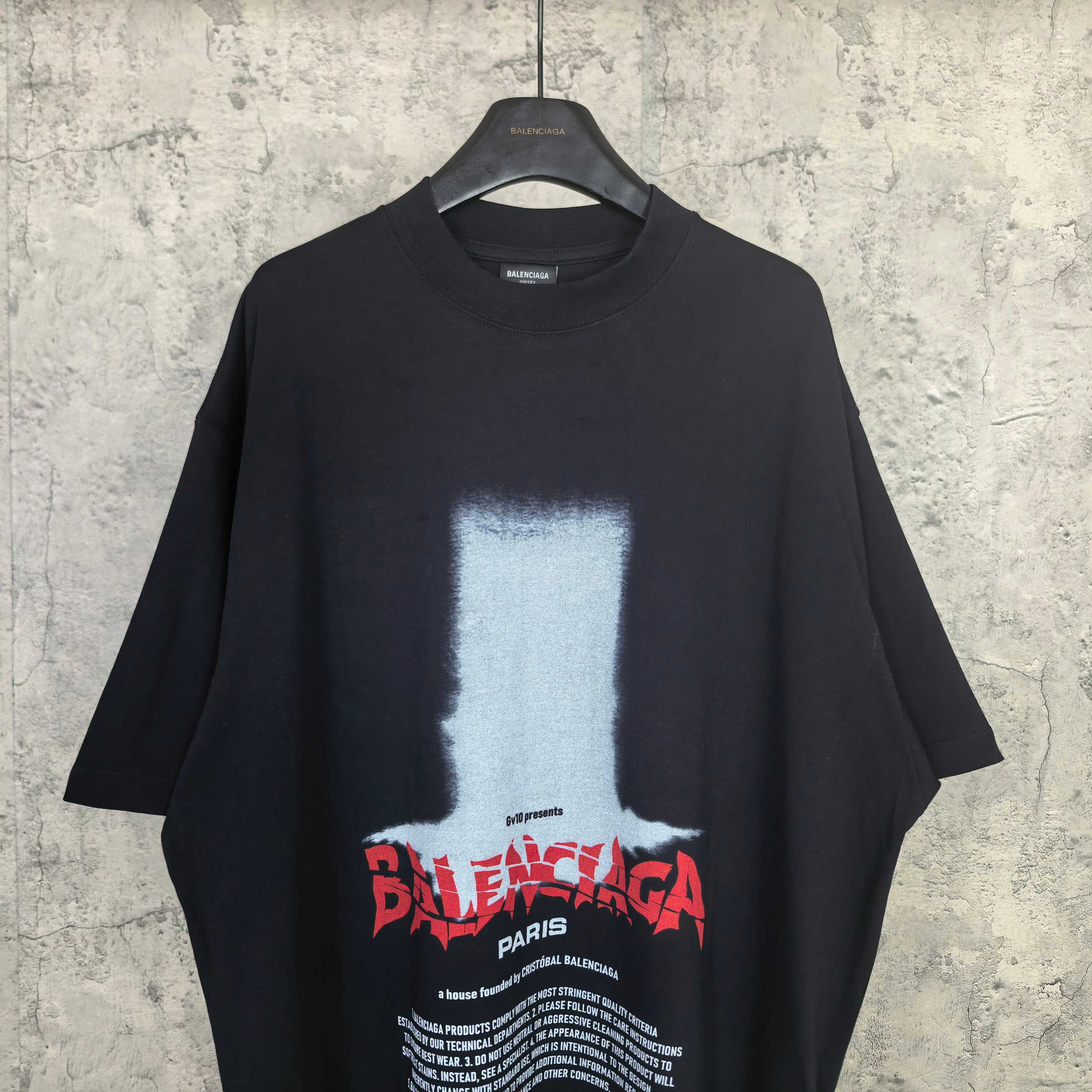 Balenciaga short-sleeve T-shirt, dark; front graphic with white block and red Balenciaga