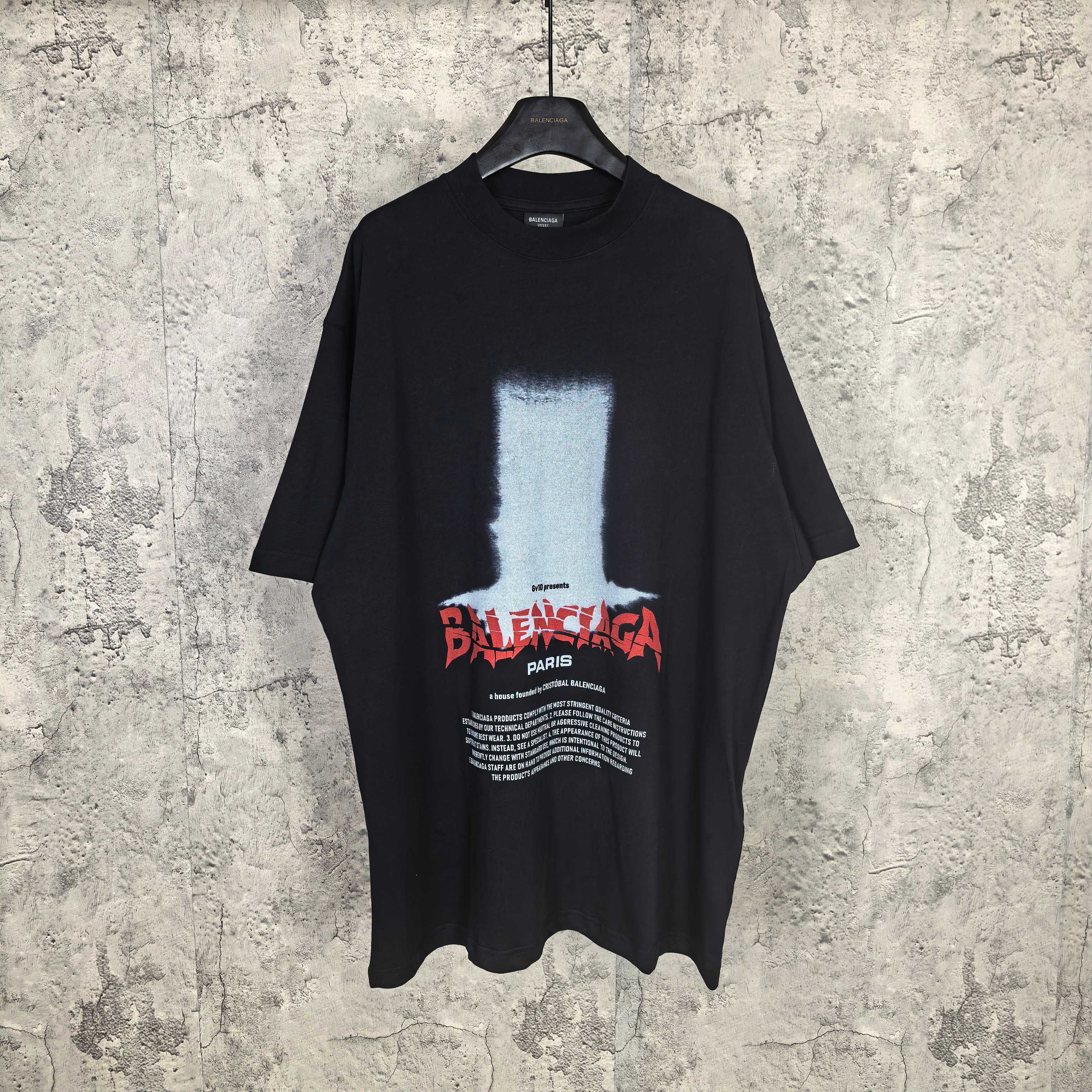 Balenciaga short-sleeve T-shirt, dark with large front graphic and red Paris text