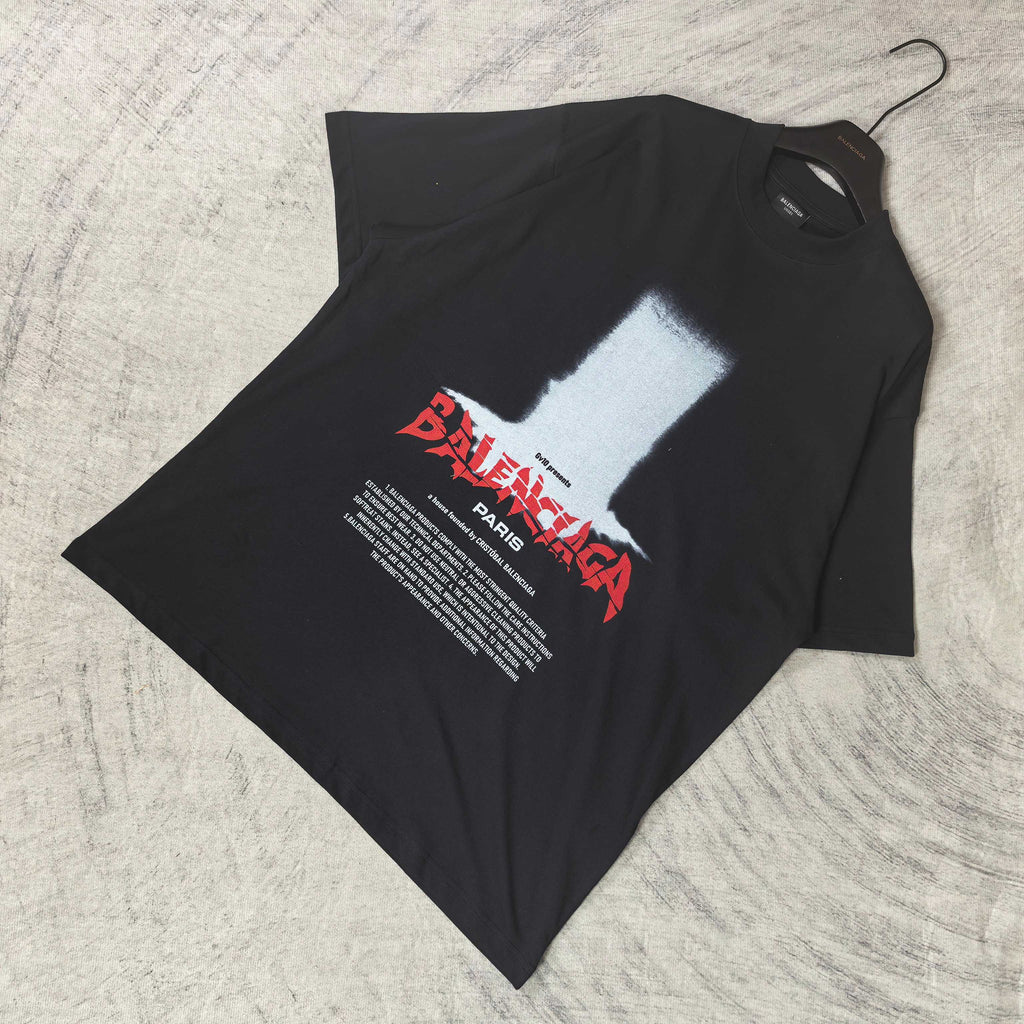 Balenciaga short-sleeve T-shirt, dark; front view with red logo and small text details
