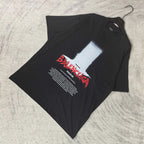 Balenciaga short-sleeve T-shirt, dark; front view with red logo and small text details