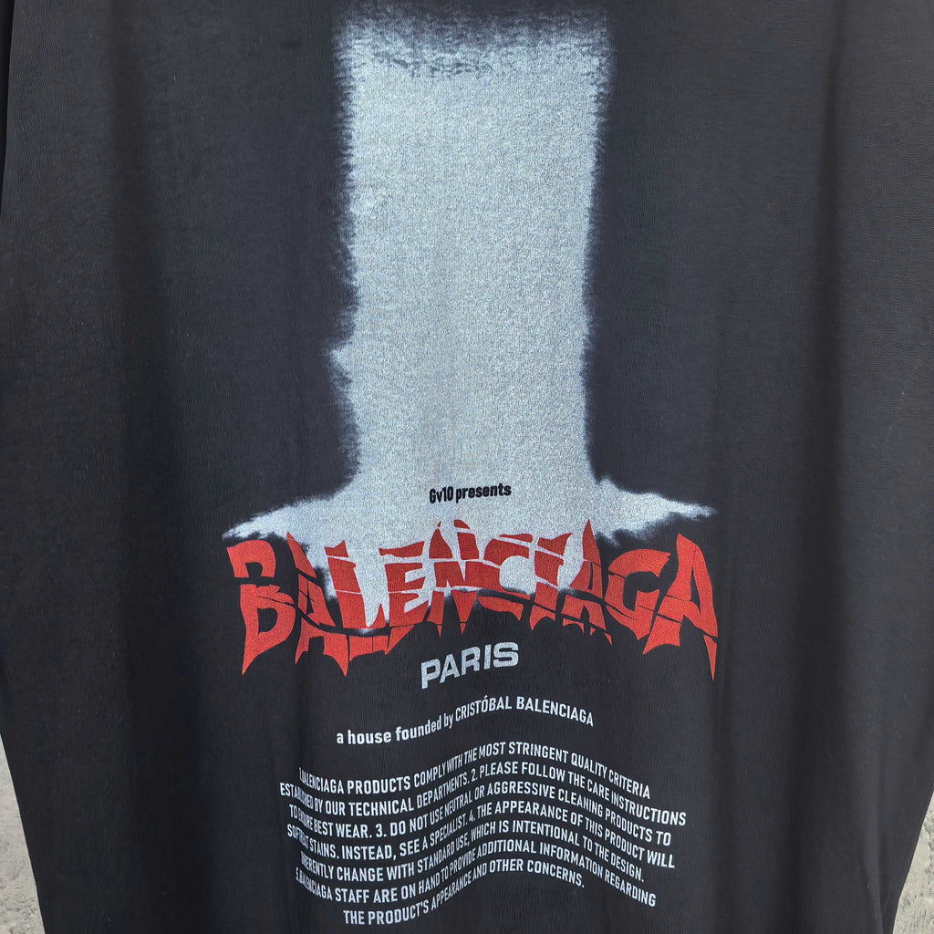 Balenciaga short-sleeve T-shirt; close-up of front print with red Balenciaga Paris text