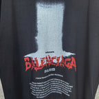 Balenciaga short-sleeve T-shirt; close-up of front print with red Balenciaga Paris text