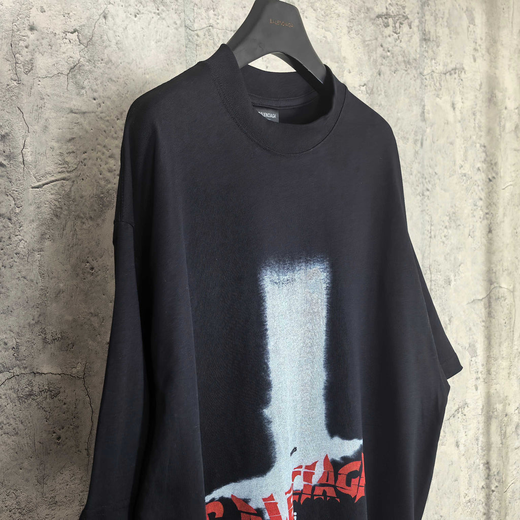 Balenciaga short-sleeve T-shirt, dark; front close view with white block and red print