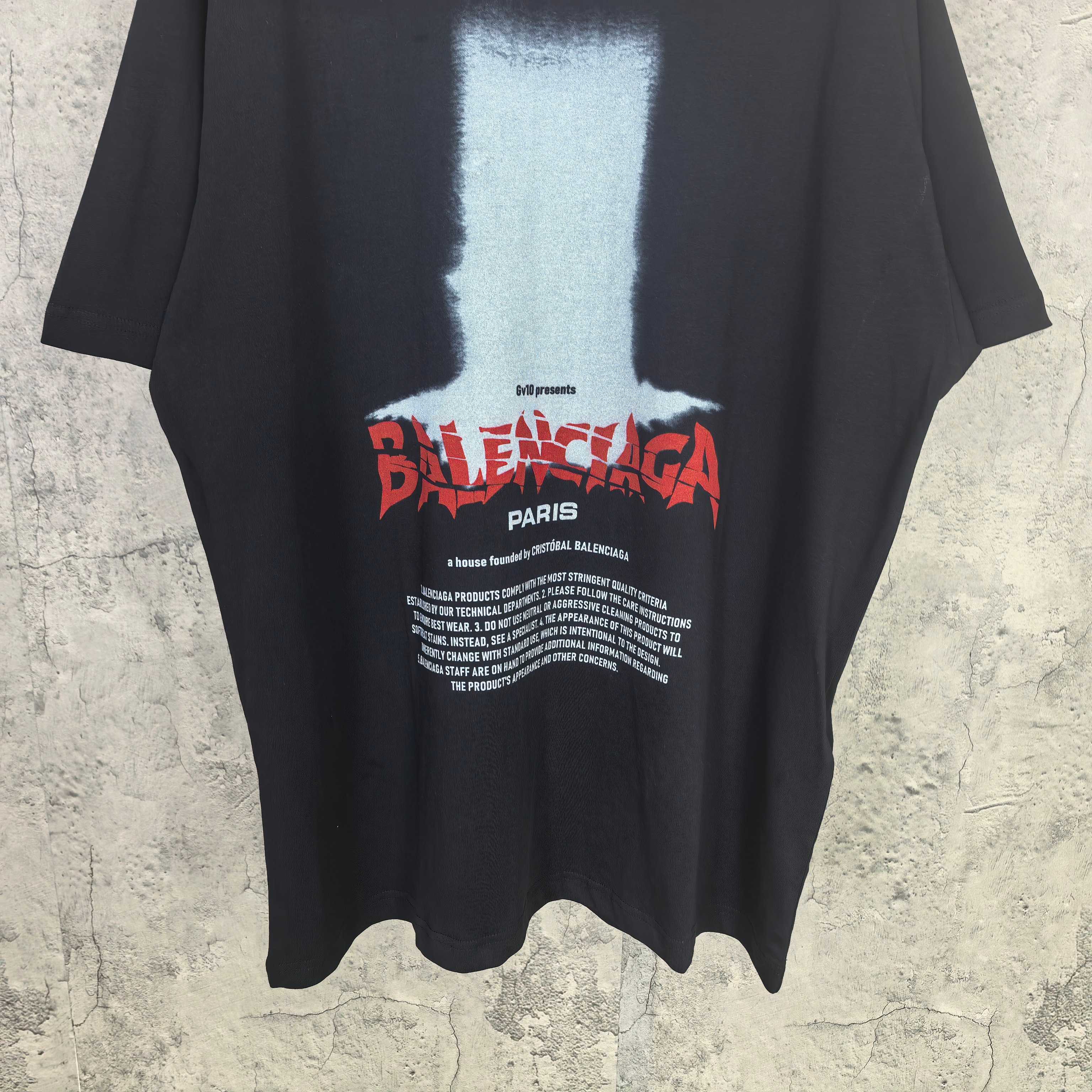 Balenciaga short-sleeve T-shirt, dark; front view with red Balenciaga Paris and small text