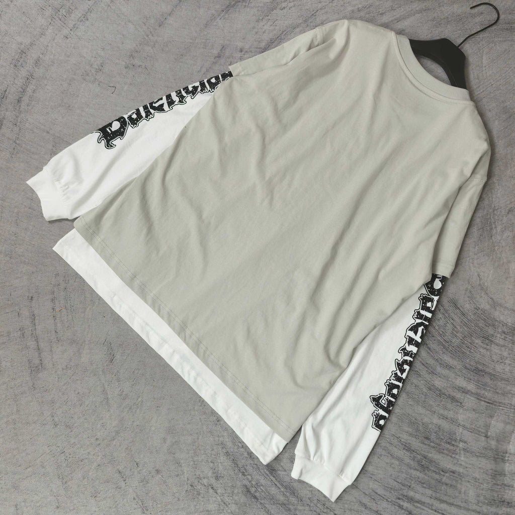 Off-white long T-shirt, crew neck, black logo ribbon print on sleeves