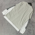 Off-white long T-shirt, crew neck, black logo ribbon print on sleeves
