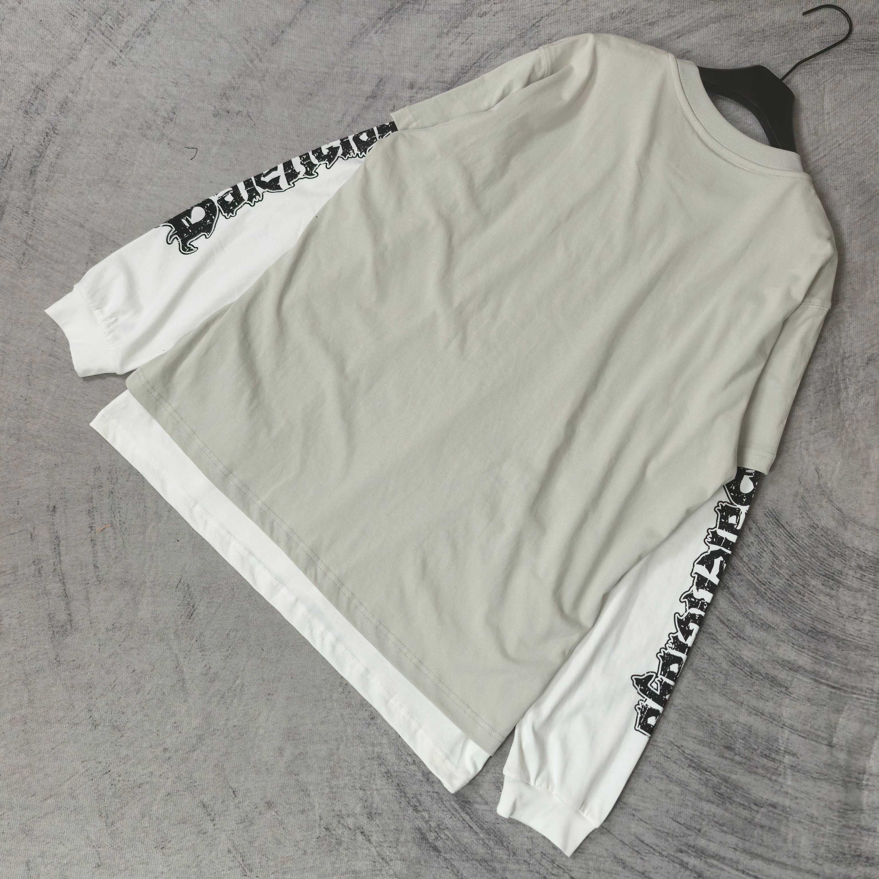 Off-white long T-shirt, crew neck, black logo ribbon print on sleeves