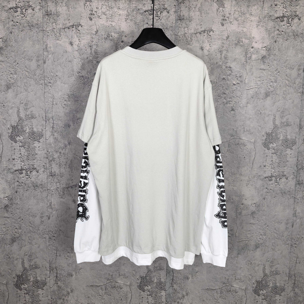 Off-white long T-shirt, crew neck, graphic text on both sleeves, plain back