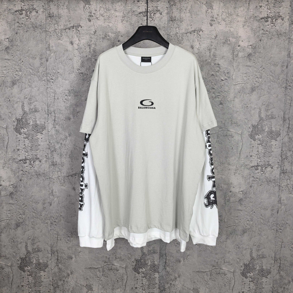 Off-white Balenciaga long T-shirt, crew neck, small chest logo, graphic sleeve cuffs