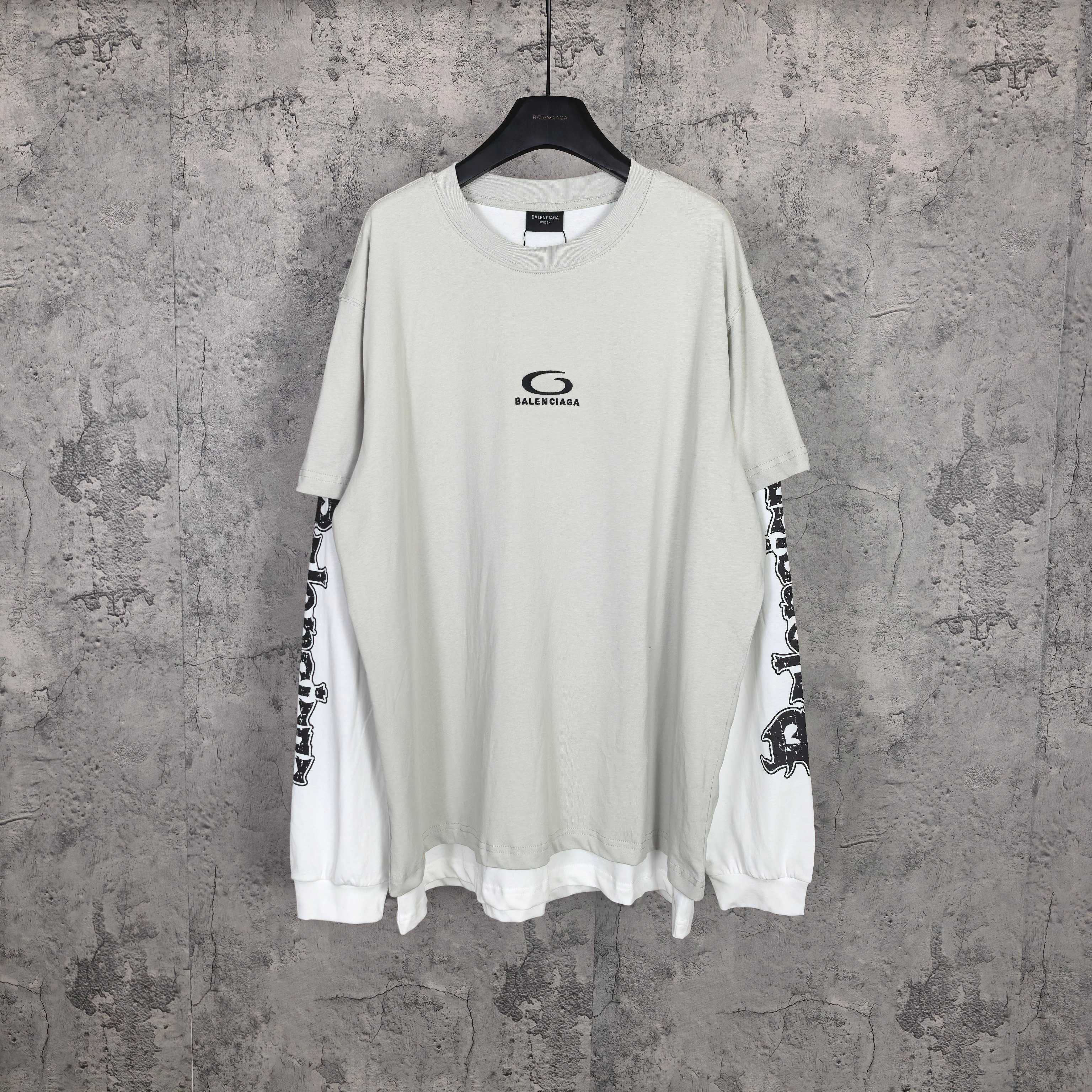 Off-white Balenciaga long T-shirt, crew neck, small chest logo, graphic sleeve cuffs