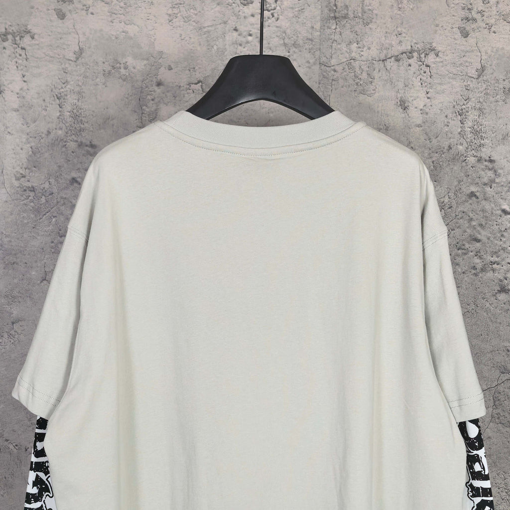 Off-white long T-shirt, crew neck, plain back with graphic sleeve text