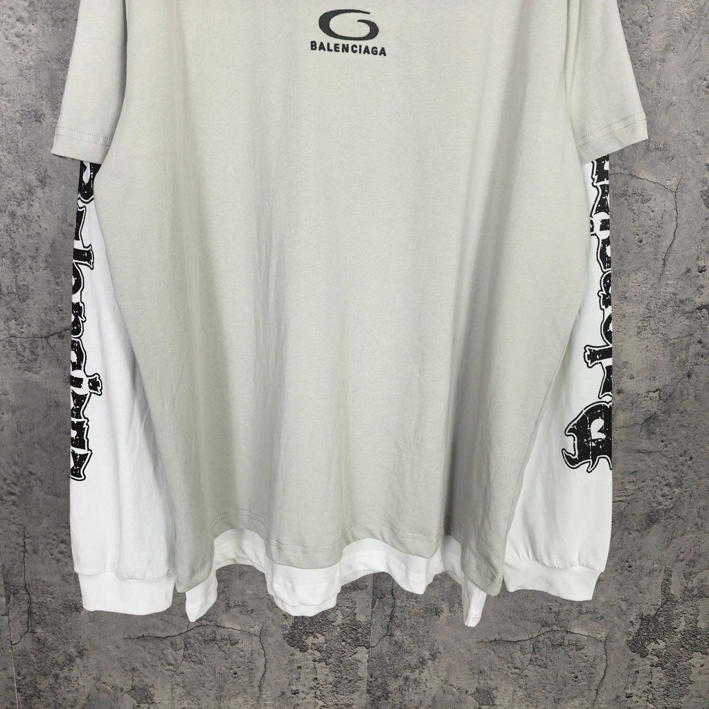 Off-white long T-shirt hem with cuffed sleeves and black graphic sleeve print