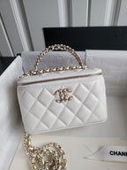 Chanel bag, white quilted leather with gold chain and front CC clasp