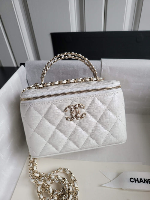 Chanel bag, white quilted leather with gold chain and front CC clasp