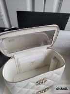 Chanel white quilted bag open with card slot pocket and gold-tone chain strap