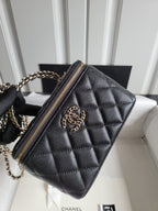 Chanel quilted mini bag with gold chain strap and front CC logo, zipped top
