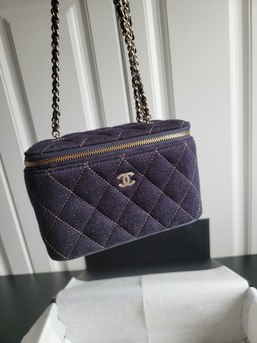 Chanel quilted mini crossbody bag, dark navy with chain strap and gold zipper top