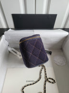 Chanel quilted mini bag with chain strap, dark navy and gold zipper at top