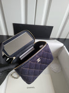 Chanel navy quilted bag open with card slot pocket and zip coin compartment