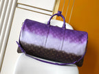 Purple monogram duffle bag with top handles and adjustable crossbody strap