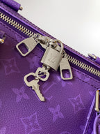 Purple bag zipper with silver lock hardware and metal key charm