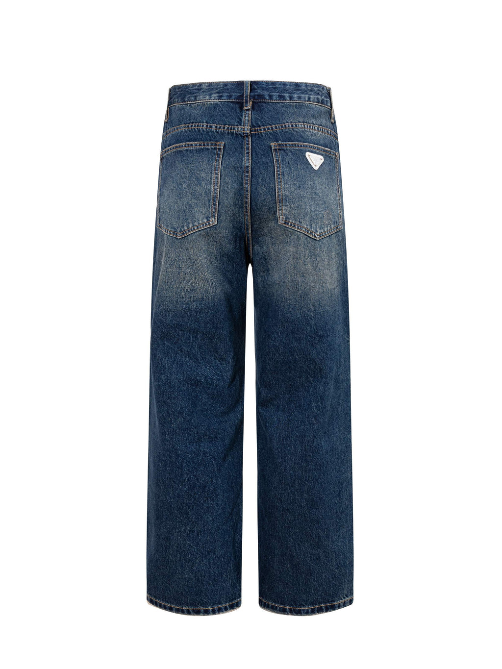 Prada denim pants back view in dark blue with two rear pockets and belt loops