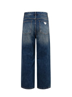 Prada denim pants back view in dark blue with two rear pockets and belt loops