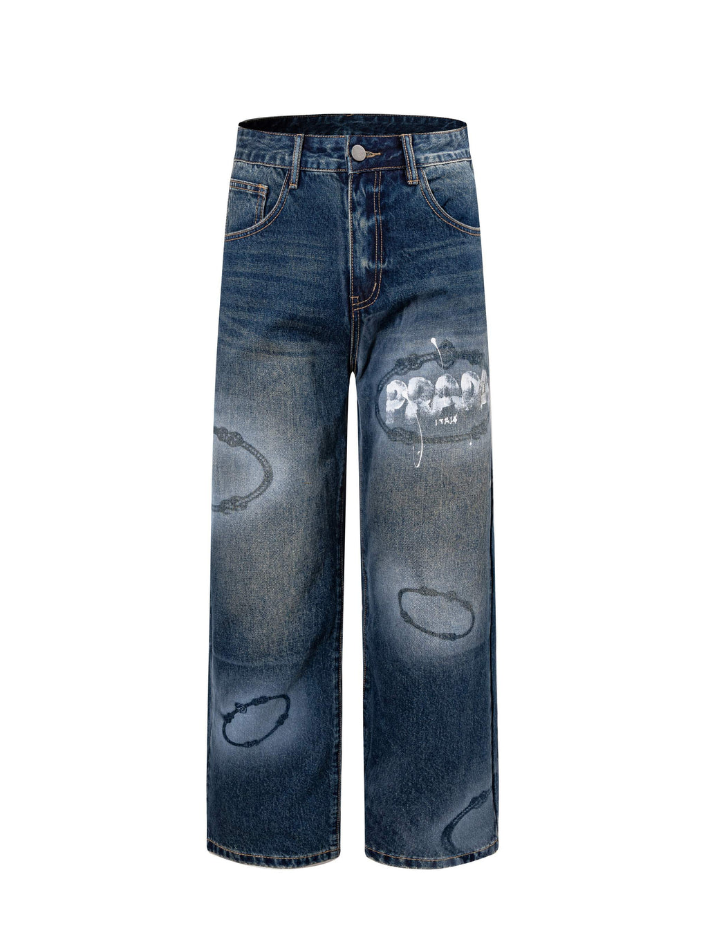 Prada denim pants in dark blue with graphic patches on the front legs
