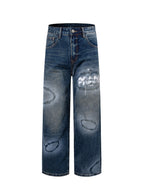 Prada denim pants in dark blue with graphic patches on the front legs