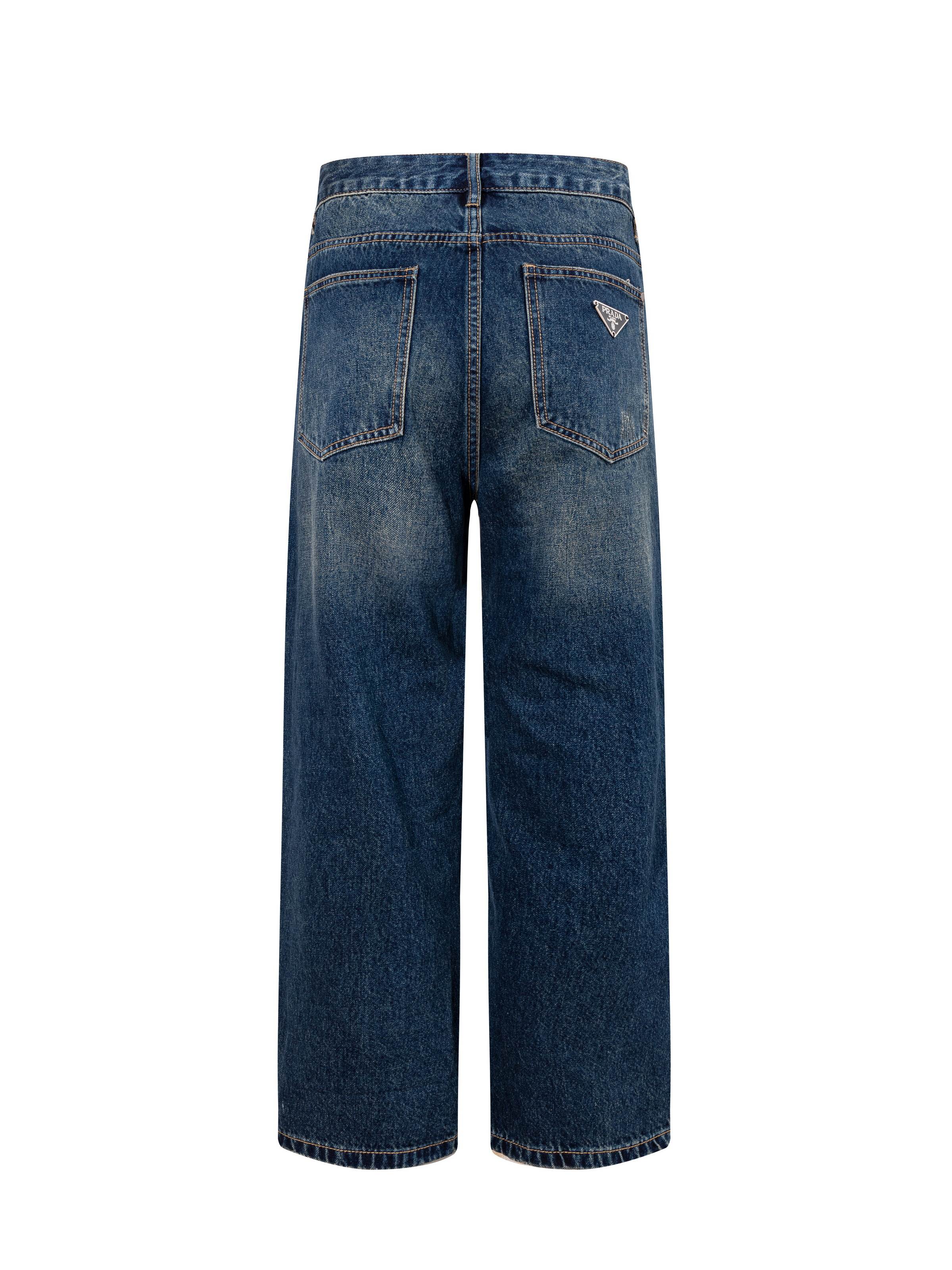 Prada denim pants, dark blue wash with button closure and back pockets
