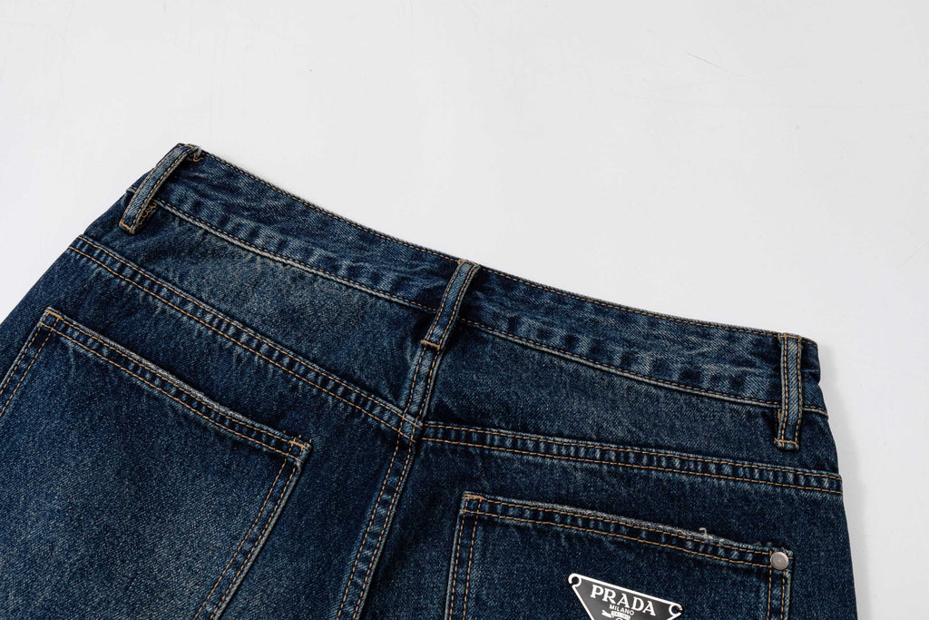 Prada denim pants back yoke and belt loops, dark blue wash