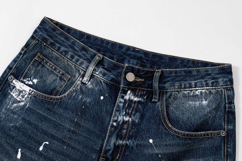 Prada denim pants waistband detail, dark blue with decorative stitching
