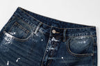 Prada denim pants waistband detail, dark blue with decorative stitching