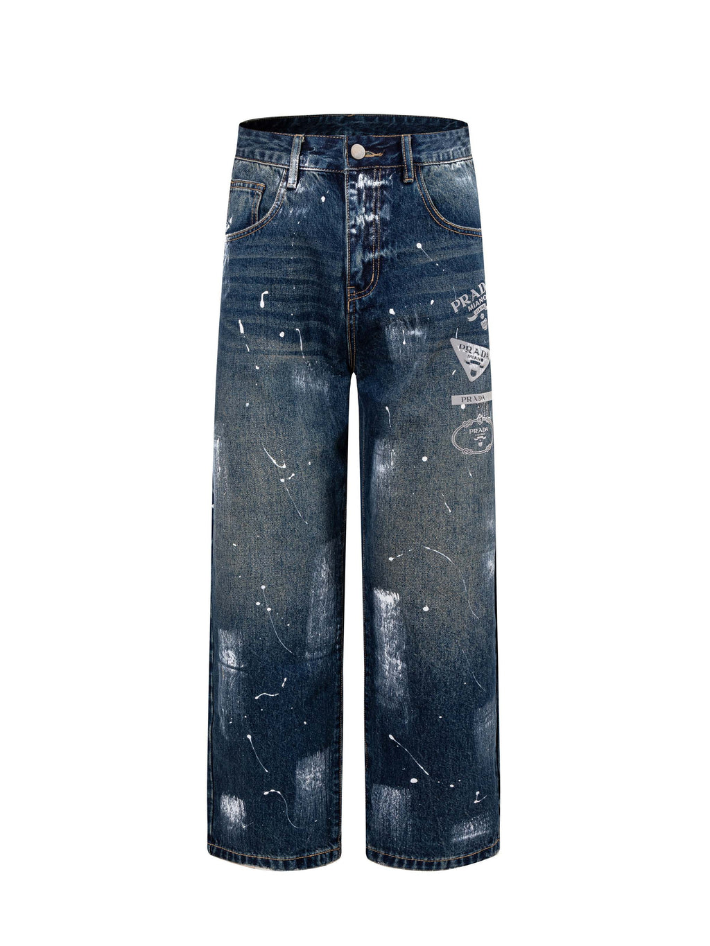 Prada denim pants in dark blue with paint splatter, wide straight legs