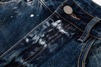 Prada denim pants close-up of belt loop and coin button, dark blue wash