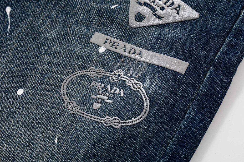 Prada denim pants logo patch with chain graphic, dark blue denim