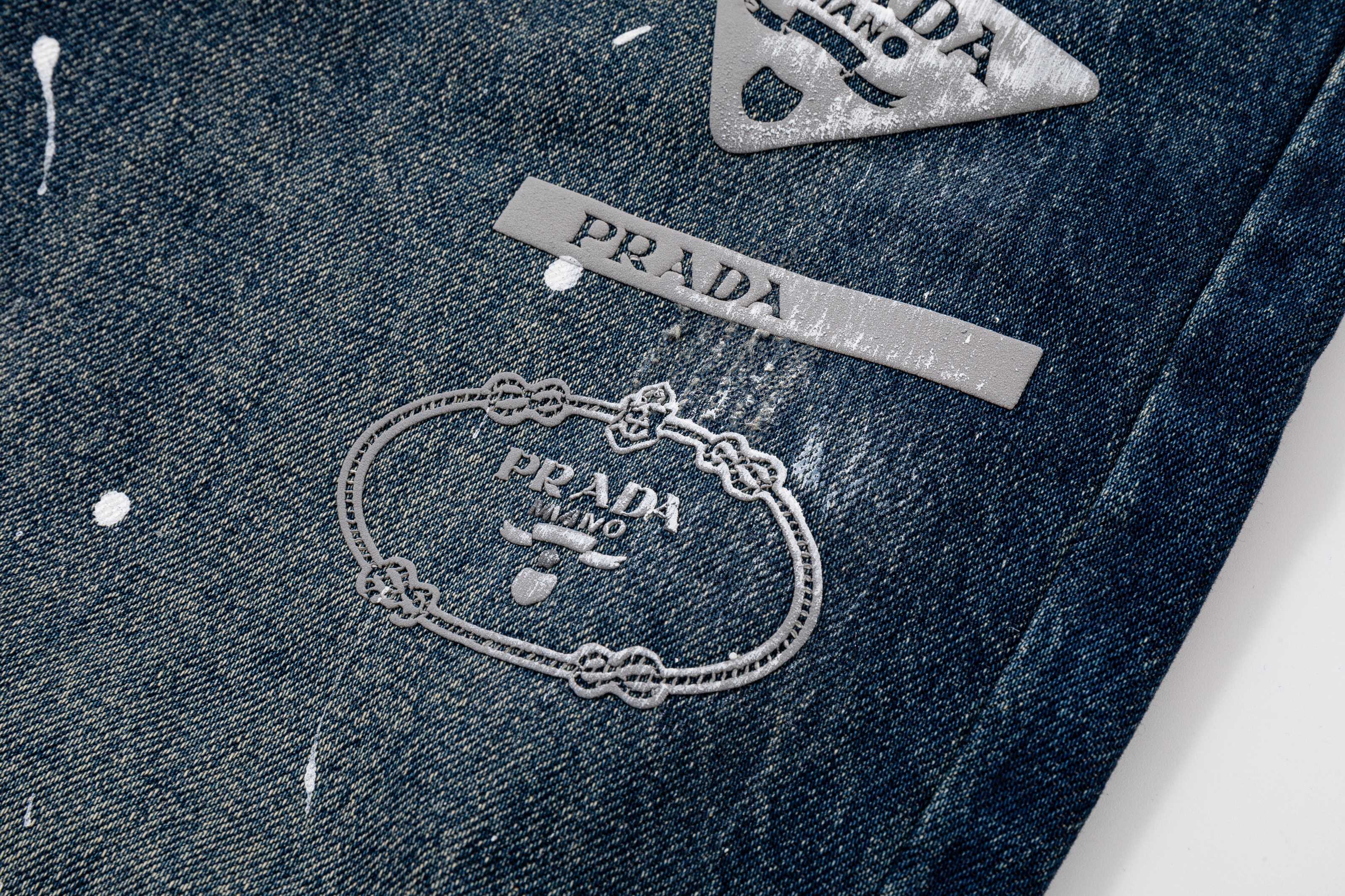Prada denim pants logo patch with chain graphic, dark blue denim