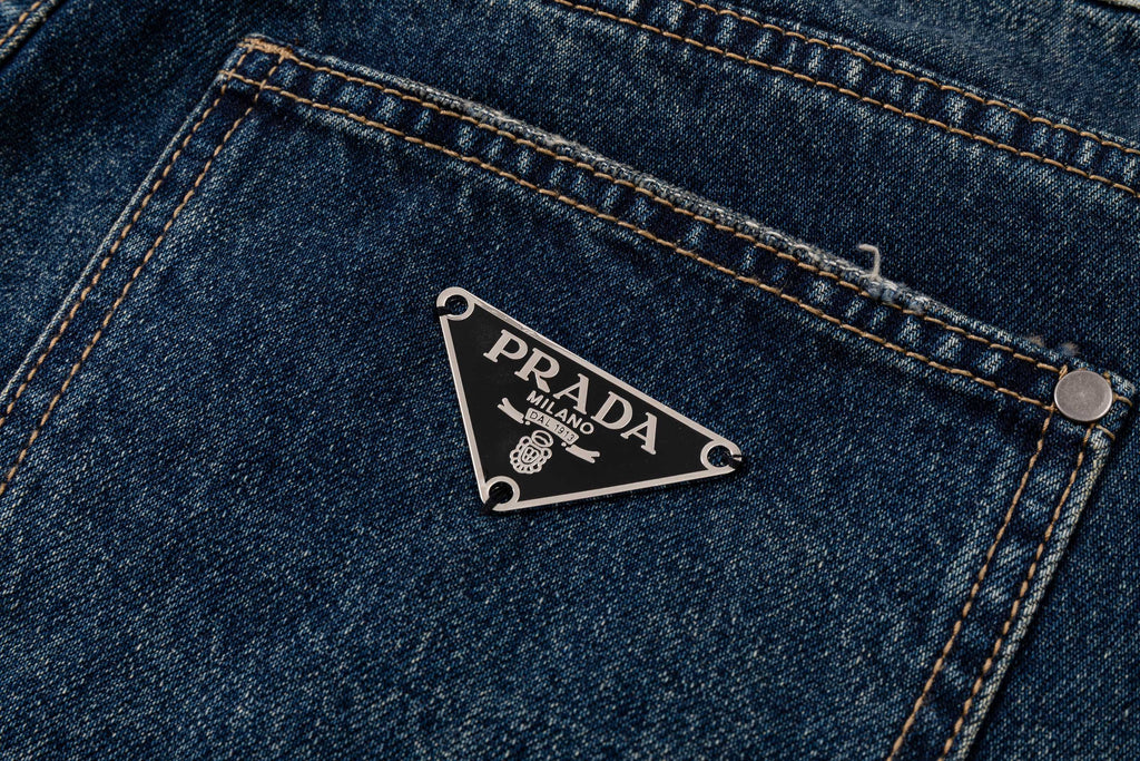 Prada denim pants coin pocket with PRADA logo tag, dark blue wash