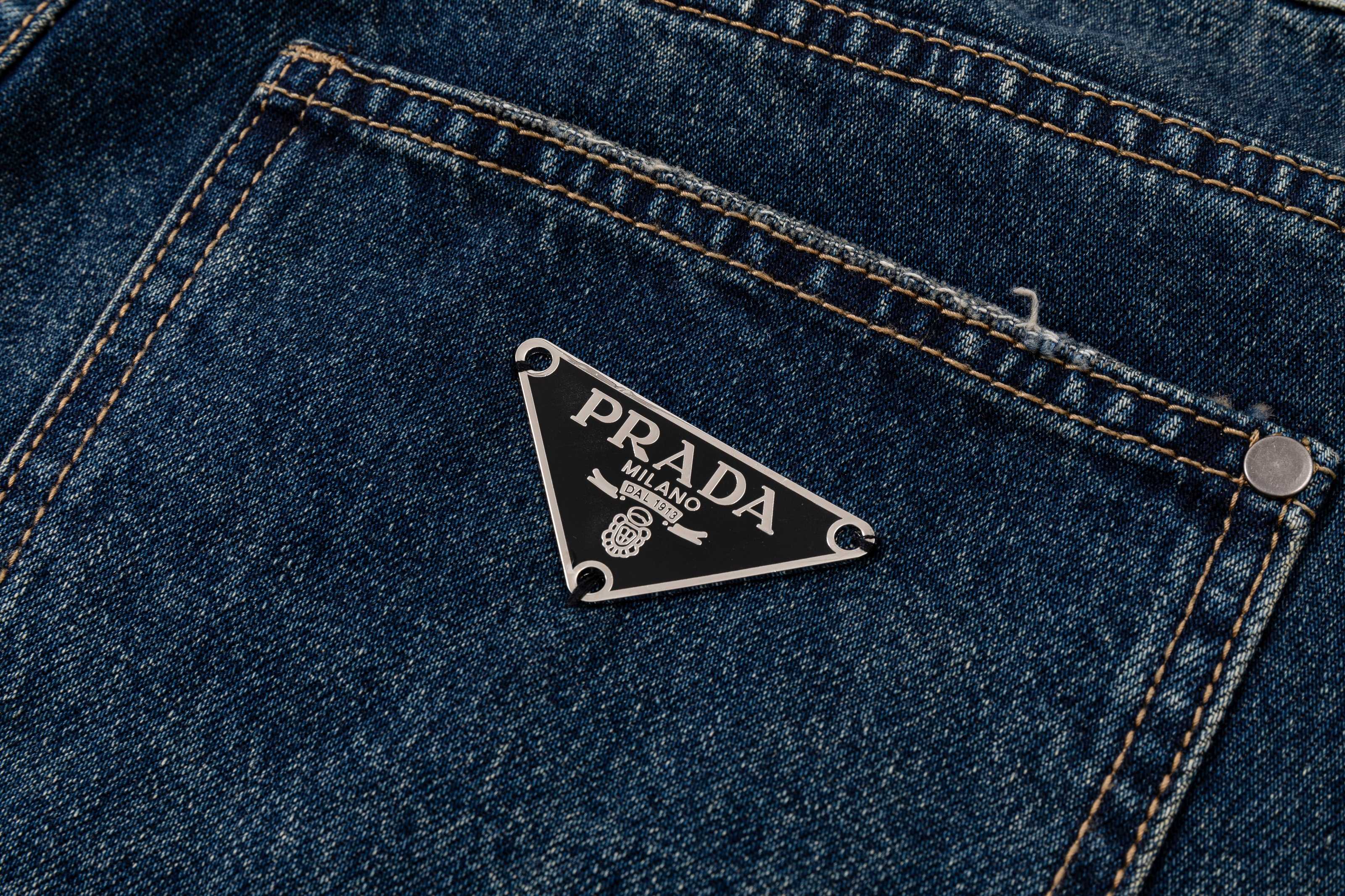 Prada denim pants coin pocket with PRADA logo tag, dark blue wash